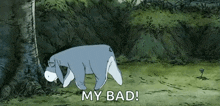 eeyore from winnie the pooh is laying down next to a tree in the woods .