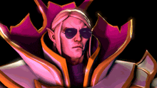 a cartoon character wearing sunglasses and a purple and gold outfit