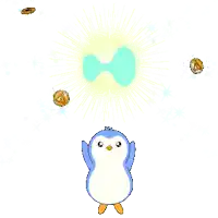 a cartoon penguin is surrounded by coins and a glowing object