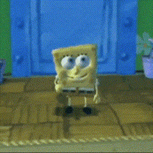 a cartoon character named spongebob squarepants is standing on a wooden floor in front of a blue door .
