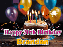 a happy 30th birthday brandan card with a cake and balloons in the background
