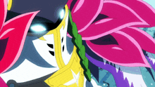 a close up of a cartoon character with pink flowers on his face