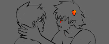 a black and white drawing of a man and a cat with orange eyes