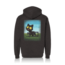 a black hoodie with a pixel art of a duck with hearts in its eyes
