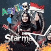 a cartoon drawing of a woman holding a guitar with the words asylik starma written above her
