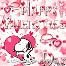 a picture of snoopy hugging a pink heart with the words happy valentines