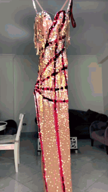 a long dress with fringe and sequins is hanging in a room