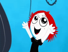 a cartoon girl with red hair holds a black cat