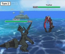 a screenshot of a video game shows yveltal and zekrom fighting each other