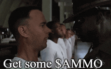a man in a military uniform is talking to another man in a military uniform with the words get some ammo on the bottom