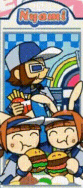 a cartoon of a man holding a hamburger and french fries