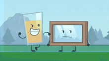 two cartoon characters , a glass of orange juice and a picture frame , are standing next to each other in a field .