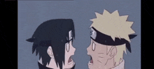 sasuke and naruto are standing next to each other and looking at each other with their mouths open .