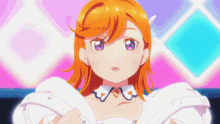 an anime girl with orange hair and purple eyes is wearing a white dress
