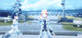 two anime girls are standing next to each other on a stage in front of a train track .