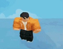 a man in a yellow hoodie and black pants is dancing in front of a blue background .