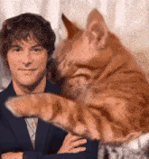 a man in a suit is being petted by a cat