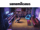 a man sits in a chair in front of a bookshelf with the word sanamiksaus written above him