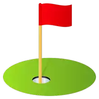 a red flag on a golf course with a hole in the grass