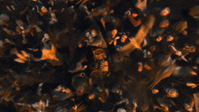 a crowd of people are gathered in a dark room looking up