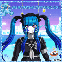 a pixel art of a girl with blue hair and a teddy bear