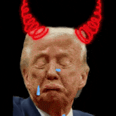 a man with devil horns is crying with a blue tear coming out of his nose