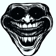 a black and white drawing of a creepy troll face with a big smile and black eyes .