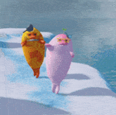 a pink seal and a yellow seal are standing on a snowy iceberg