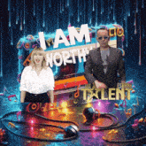 a man and a woman are standing in front of a sign that says " i am north "