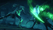 a person is standing in the dark with a green light coming out of their mouth .