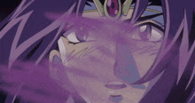 a close up of a purple haired anime character