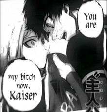 a black and white drawing of a man and a woman kissing with the words " my bitch now kaiser "
