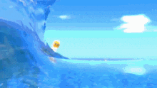 a cartoon drawing of a wave crashing on a rocky shore