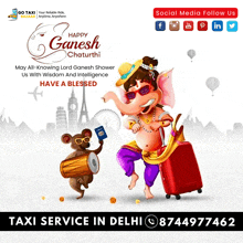 a poster that says happy ganesh chaturthi with a mouse holding a passport