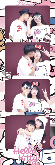 a man and a woman are posing for a picture with a hello kitty theme