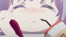 a girl is crying while holding a cup of coffee