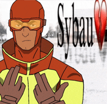 a cartoon of a man wearing gloves and a helmet with the word sybau behind him