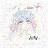 a picture of a girl with blue hair and the words puddings beloved below her