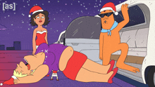 a cartoon of a man laying on the ground next to a woman wearing a santa hat with the letters [ as ] visible