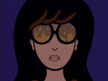 a close up of a cartoon character wearing glasses with flames reflected in them .