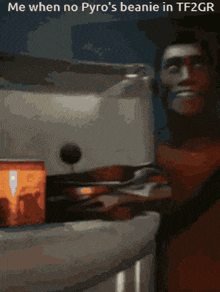 a picture of a man with the words me when no pyro 's beanie in tf2gr at the top