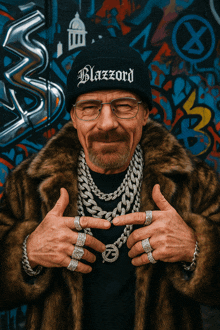 a man wearing a black hat that says blazzard on it