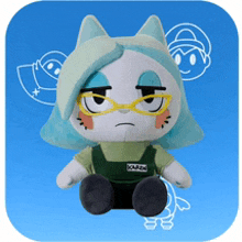 a stuffed animal with glasses and a name tag that says konami sits on a blue background
