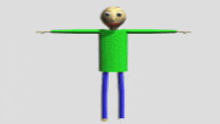 a 3d model of a cartoon character with a green shirt and blue pants .