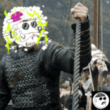 a drawing of a man with a skull on his face is holding a rope