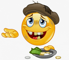 a smiley face is wearing a hat and holding a plate of coins