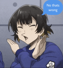 a cartoon character with a blue speech bubble that says " no thats wrong "