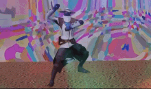 a video game character is dancing in front of a colorful background