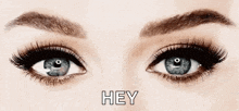 a close up of a woman 's eyes with the word hey written below them