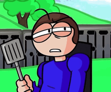 a cartoon character is holding a spatula in his hand .